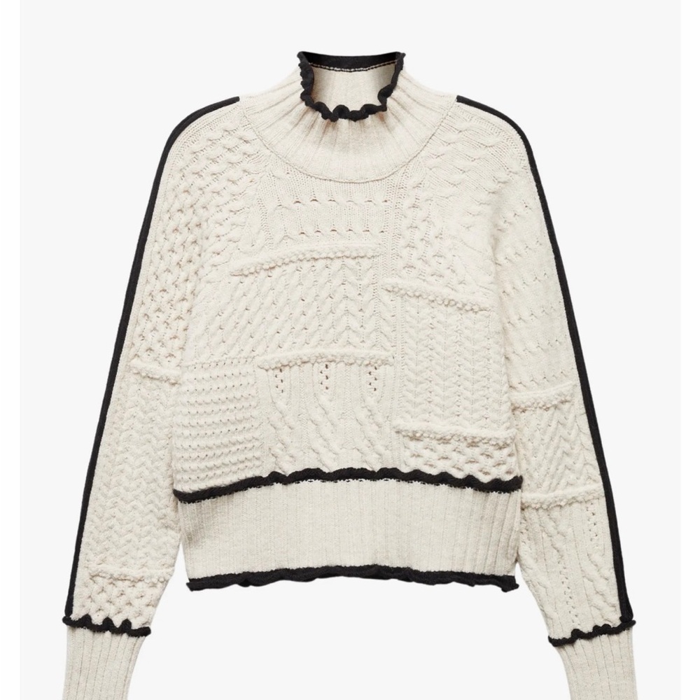 Mango Cream and Black Cable Knit Turtleneck Sweater - Picture 2 of 2